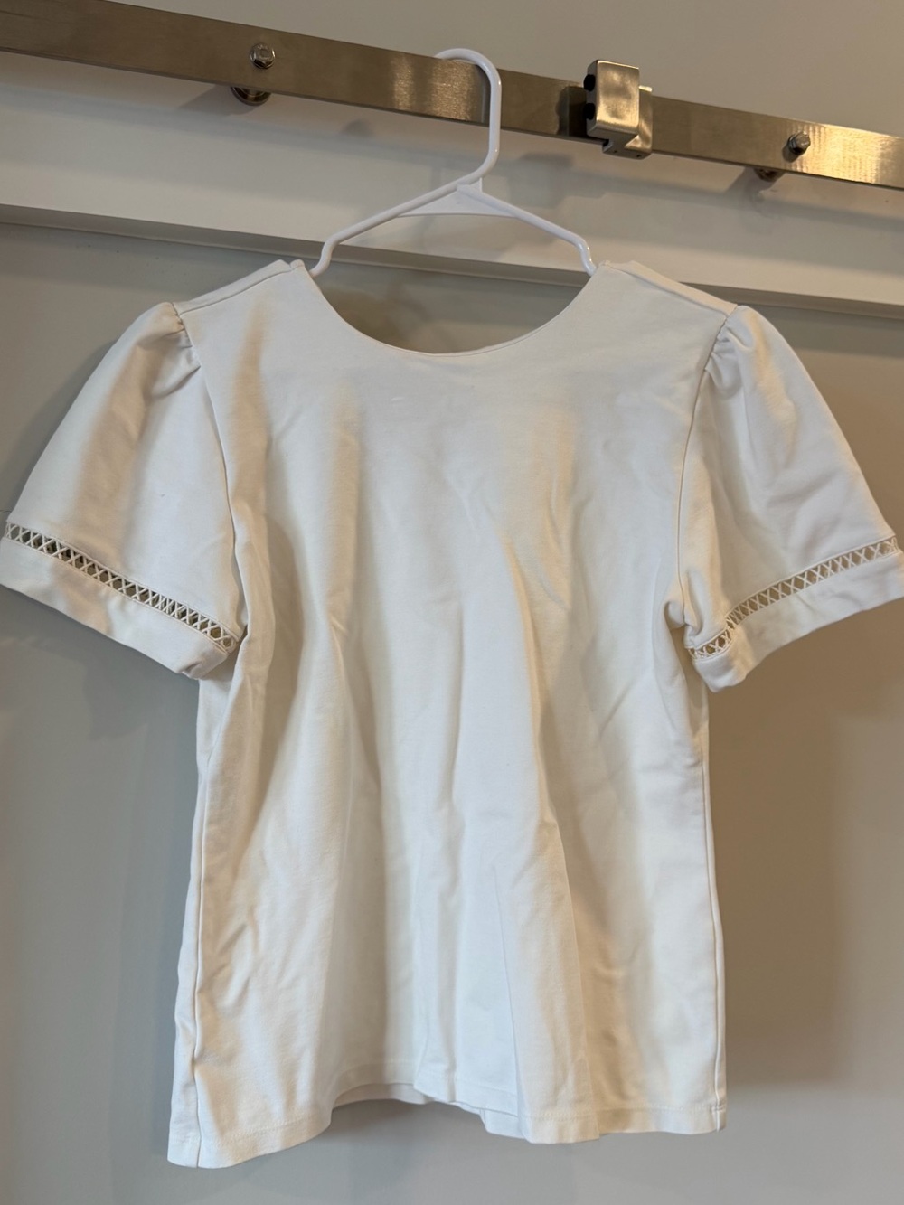 Ann Taylor Ivory Puff Sleeve Lattice Trim Top Size S